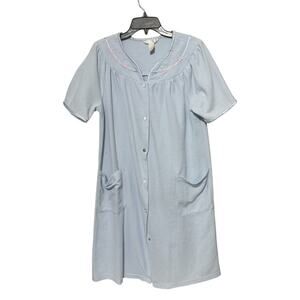 VTG Adonna Blue Snap Front robe House Dress Pockets waffle knit Women's Sz M